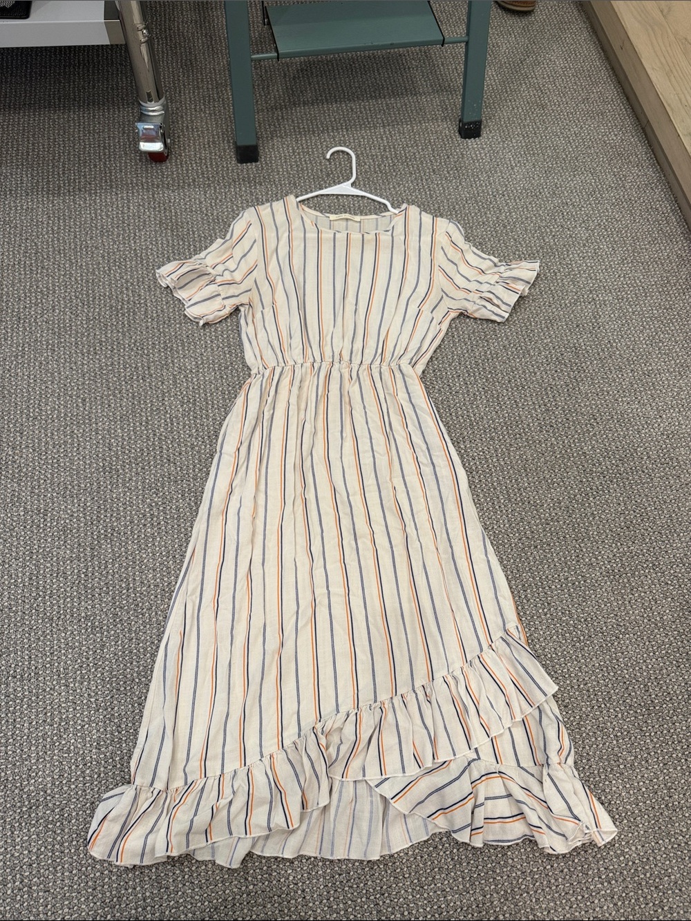 Striped Ruffle Hem Midi Dress - Cream with Navy & Coral Stripes